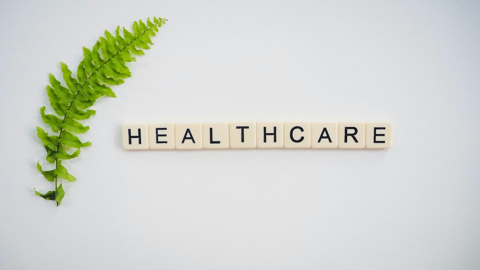 Letter tiles spelling healthcare beside a fern leaf